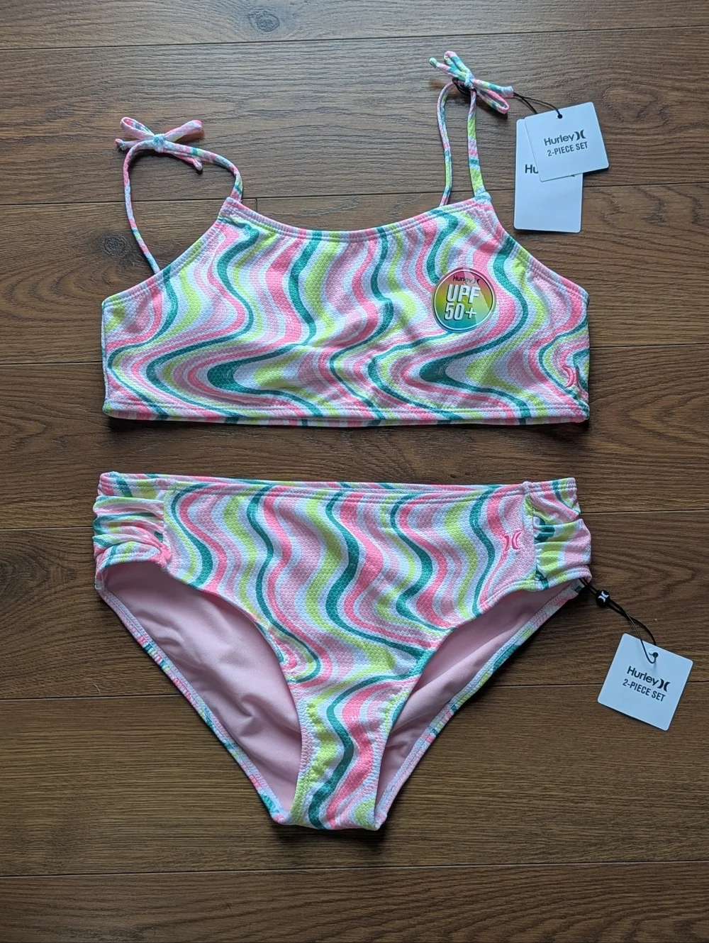 Hurley Girls Honeycomb Bandeau Bikini Set Pink Green White Size 16 NWT